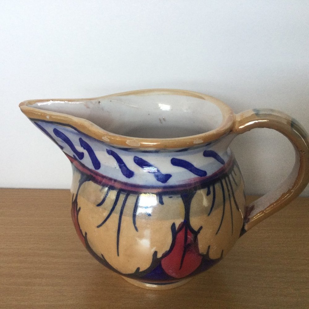 Vintage Hand painted Italy ceramic milk jar pitcher blue yellow red